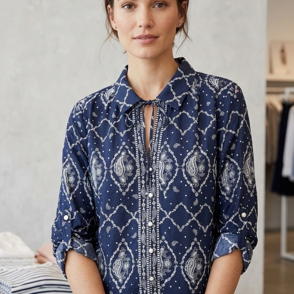 LOFT Navy Paisley Button-Front Tie-Neck Shirt